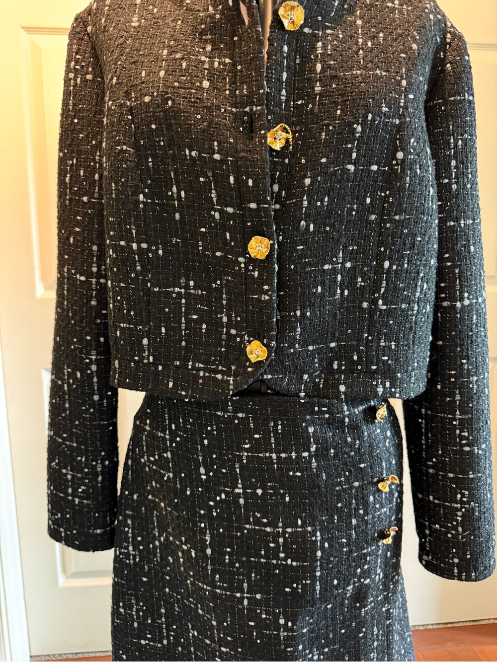 St. John suit - Classic Black Tweed Cropped Jacket with Gold Button Detail